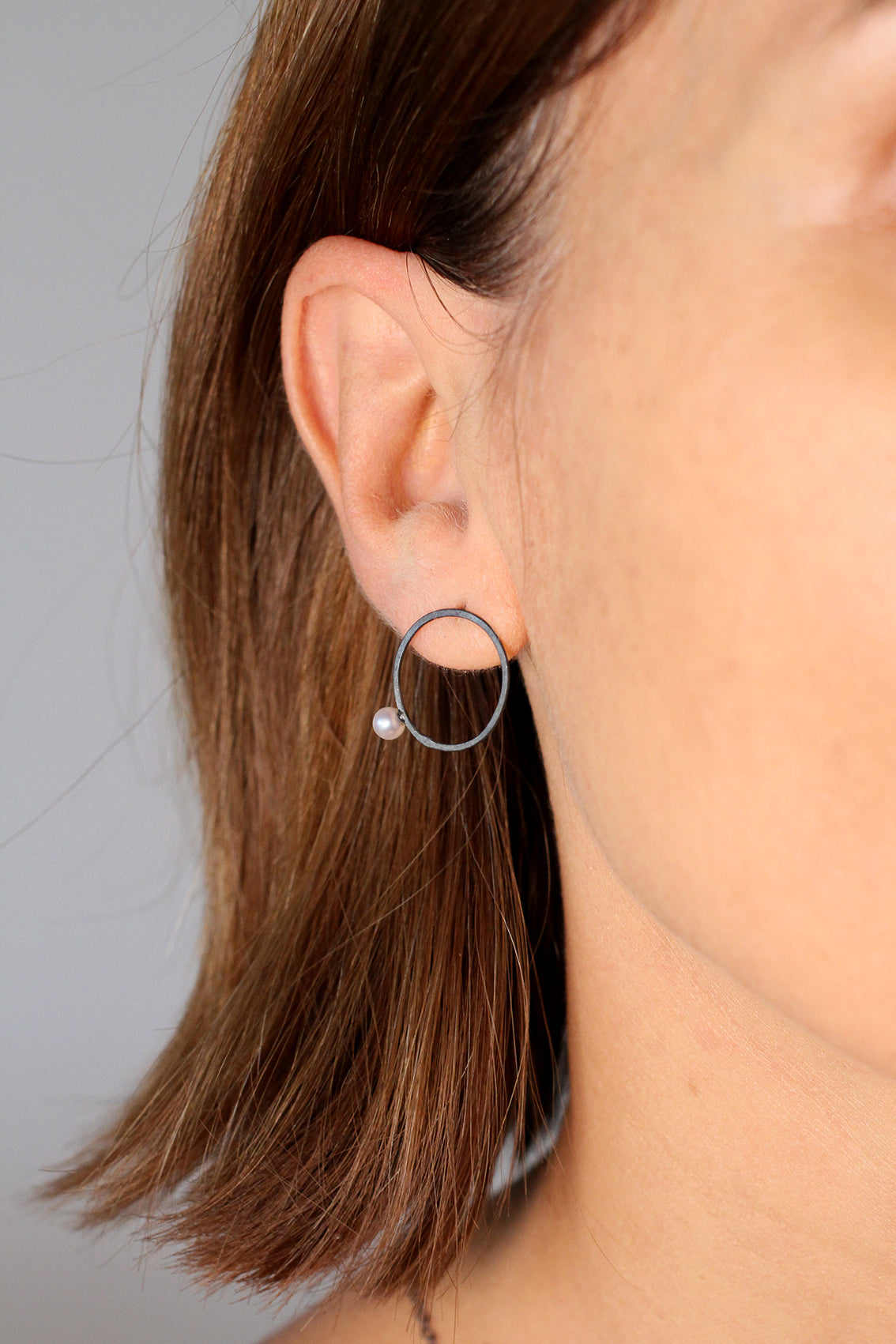 Round Oxidised Silver Pearl Earrings